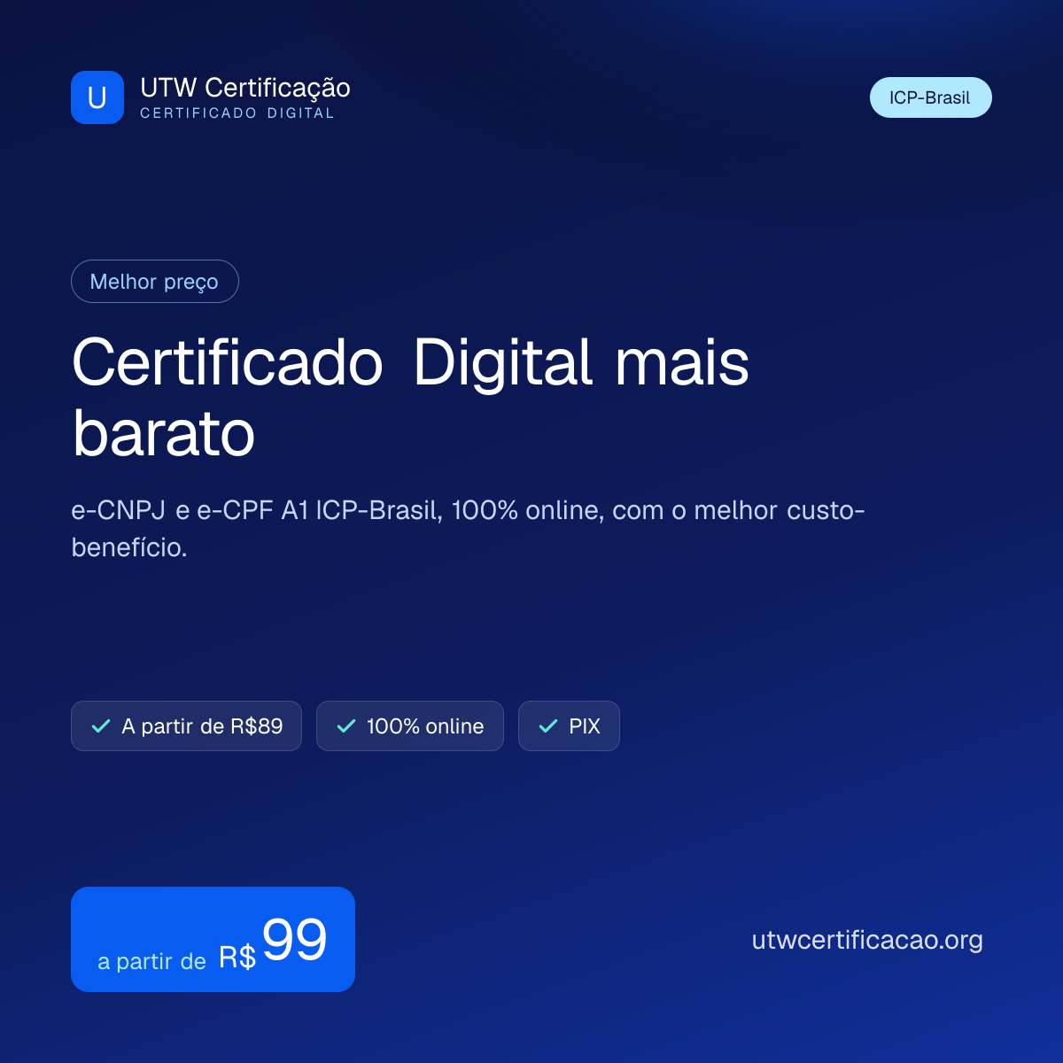 Certificado digital mais barato online — e-CNPJ e e-CPF A1 a partir de R$89