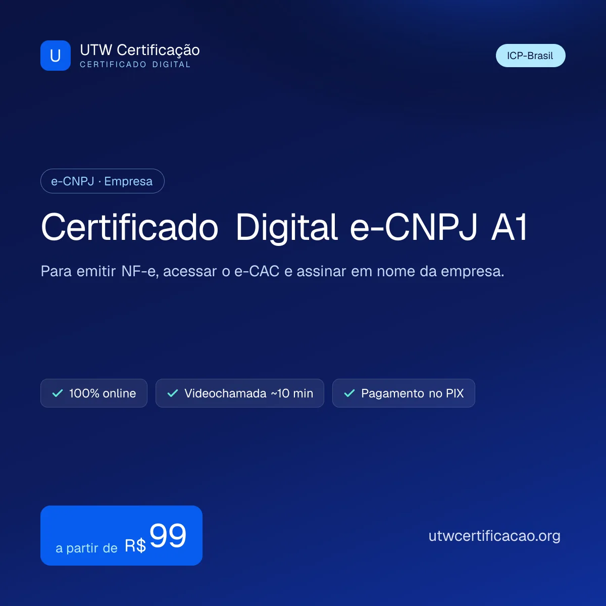 Certificado digital e-CNPJ A1 por R$97, 100% online