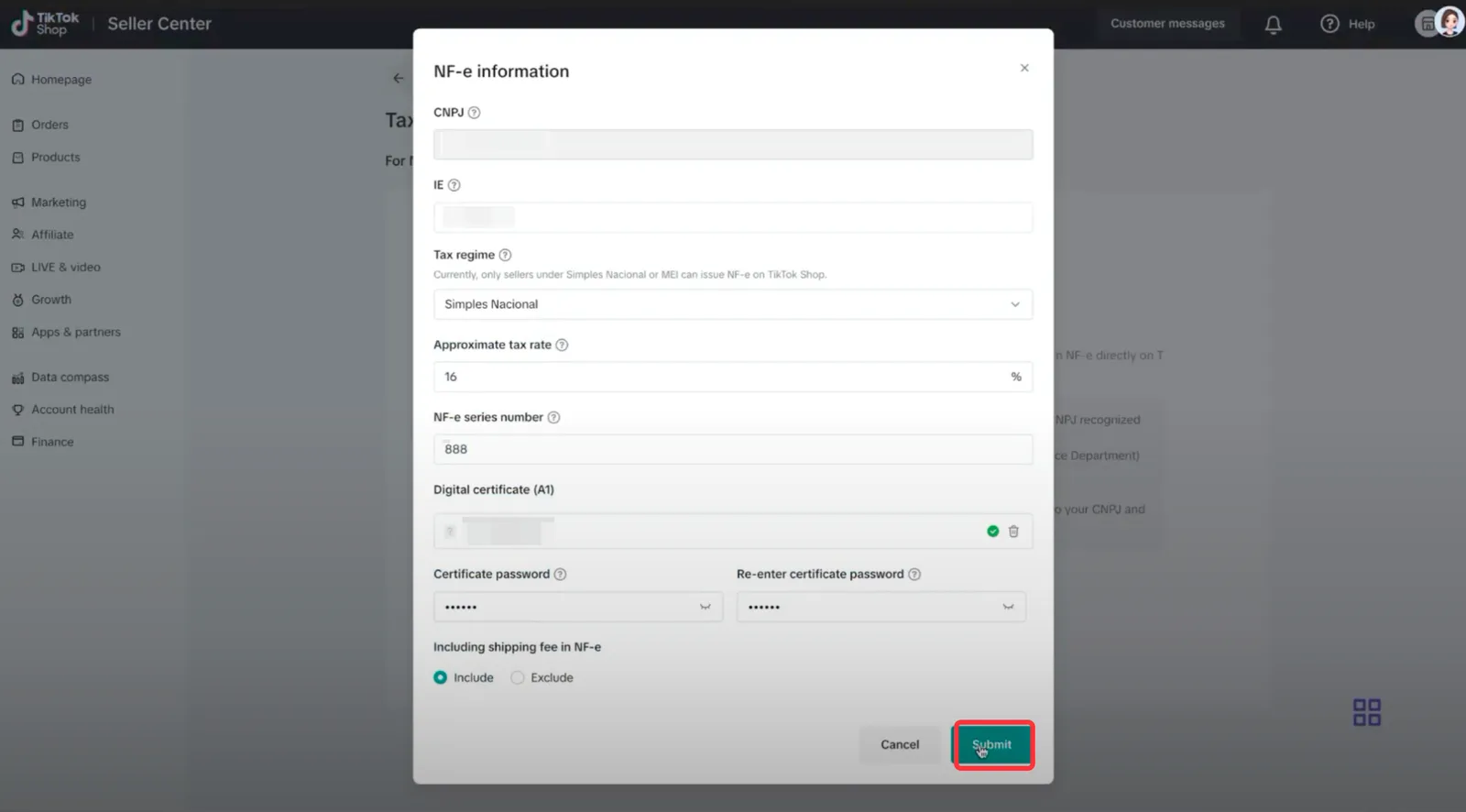 Tela do TikTok Shop no passo 3: Em Digital certificate (A1), envie o arquivo do e-CNPJ A1 — aceita .pfx e .p12, com limite de 200KB. Digite a senha e repita no campo de confirmação, escolha se o frete entra na NF-e e clique em Submit. Depois preencha os dados fiscais de cada produto: NCM, CFOP, origem, CSOSN, unidade e PIS/COFINS.