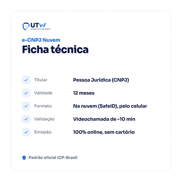 SafeID e-CNPJ A3 12 meses — ficha técnica