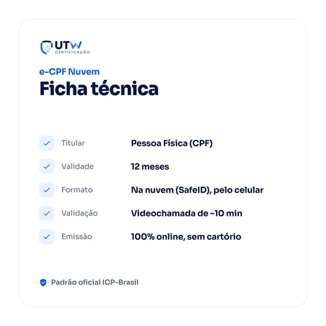 SafeID e-CPF A3 12 meses — ficha técnica