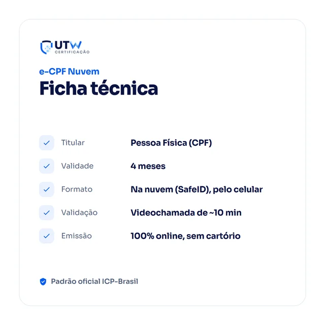 SafeID e-CPF A3 4 meses — ficha técnica